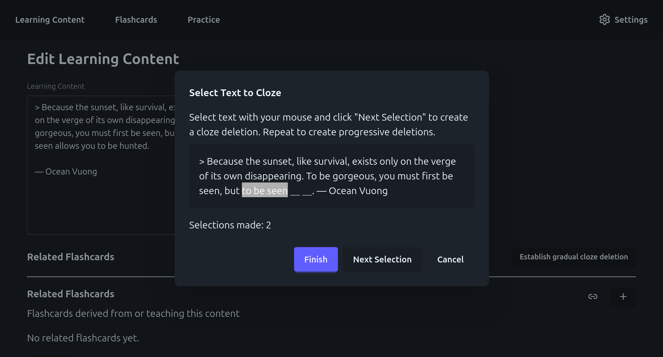 A special authoring wizard allows generating a set of staggered flashcards with increasing difficulty.