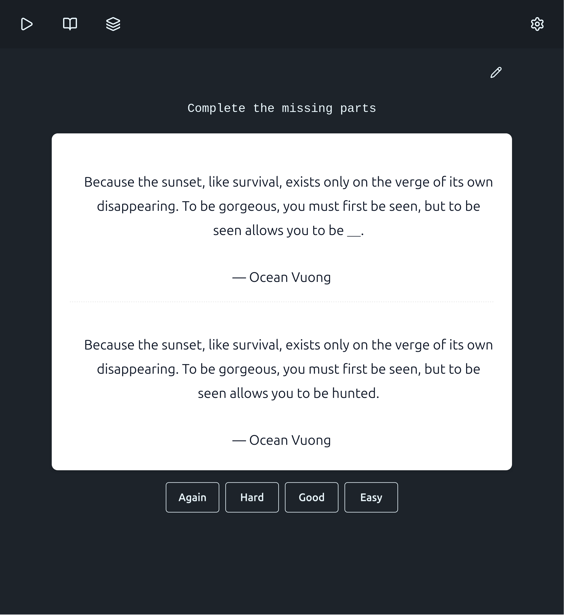 Flashcards are practiced with a classic reveal-score flow.
